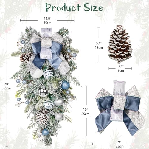 30" Christmas Teardrop Swag for Front Door Artificial Winter Swag Garland with Pine Cones, Berry Clusters, Blue Ball Ornaments and Ribbons for Thanksgiving Holiday Christmas Decoration - Image 2