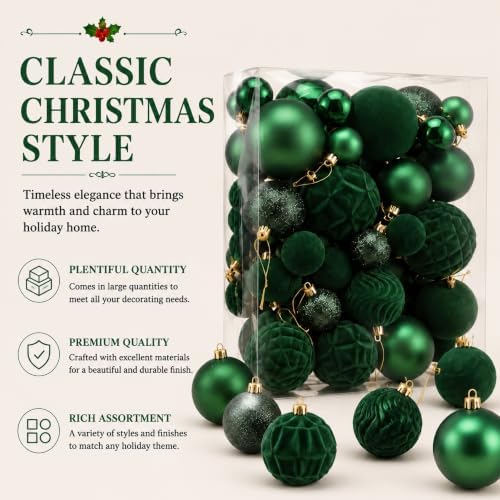 Hollowfly Green 56 Pcs Velvet Christmas Balls Ornaments Set - Image 3