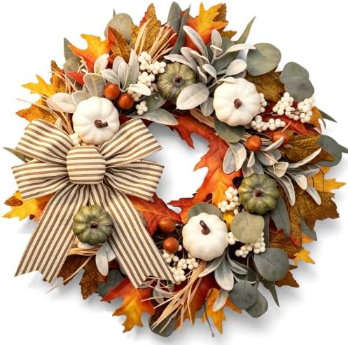 Fall Wreaths for Front Door 22 Inch Autumn Pumpkin Wreath with Orange Maple Leaves Eucalyptus Leaves White Berries Bow Rustic Farmhouse Thanksgiving Wreaths Decor for Indoor Porch Wall Home by WSTPUPU