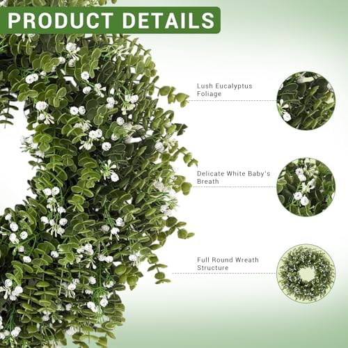 26" Large Eucalyptus Wreaths for Front Door,Spring Summer Fall Autumn Winter Wreaths,Boxwood Outdoor Wreath with Babys Breath for Porch, Wall,Home Decor- Spring Summer Fall Winter All Seasons - Image 4