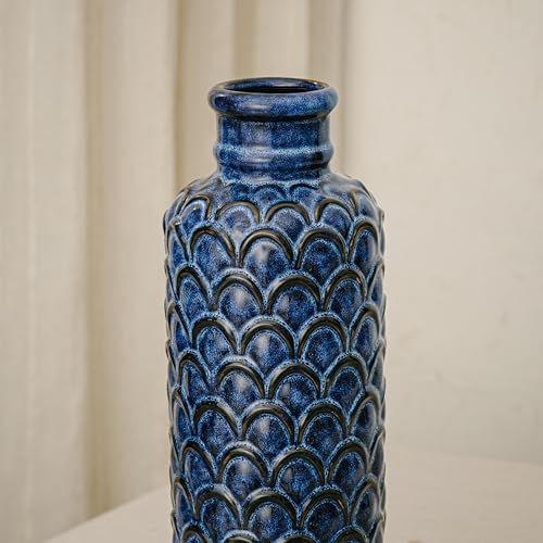 Ceramic Flower Vase,13.98" Tall Vintage Blue Pottery Vase for Home Decor, Rustic Textured Vase for Pampas Grass, Living Room, Entryway, Mantel, Kitchen Table - Image 5