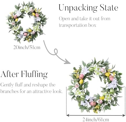 Valery Madelyn 24'' Collapsible Lighted Easter Wreaths for Front Door, Pre-lit Spring Door Wreath with Pastel Eggs, Daisy Flowers & Silk Lambs Ear Leaves, Farmhouse Indoor Outdoor Wall Window Decor - Image 6