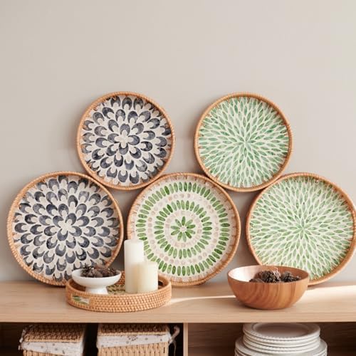 YANGQIHOME Round Serving Tray with Decorative Mother of Pearl Inlay, Wicker Tray for Home Decor, Table Decor, Gifts, Dining, Woven Tray for Food, Fruit, Coffee, 13.8 inch - Image 3