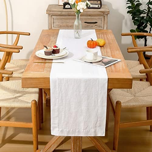 Linen Table Runner 14X132 Inches,100% French Linen White Tablerunner,Machine Washable Dining Table Runner for Fall,Wedding,Party,Halloween,Christmas(White) - Image 2