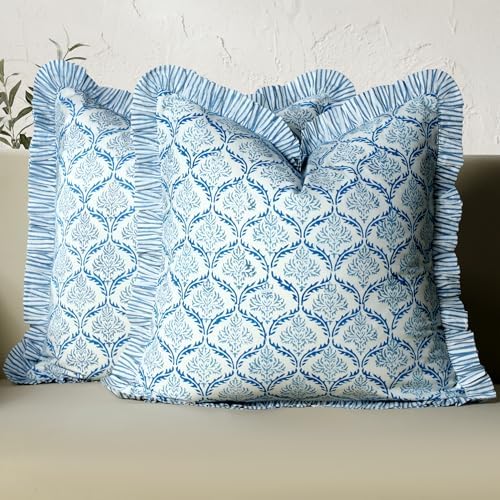 CPC Indigo Regal Hand Block Print 100% Cotton Ruffle Throw Pillow Cover 24x24 inch with Hidden Zipper Decorative for Couch, Bed, Sofa, Farmhouse, Cottagecore Decor Gift Christmas Fall Thanksgiving by COTTONPRINTCLUB