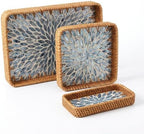 Handwoven Rattan Tray Set of 3 with Mother of Pearl Blue Floral Inlay by Unknown