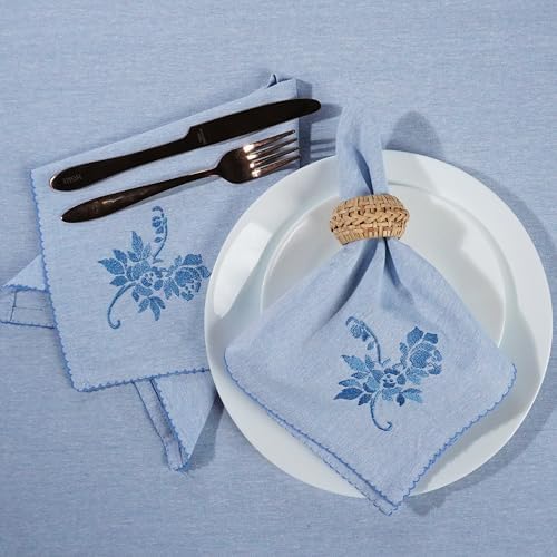 Luxury Embroidered Cloth Napkins – Blue Garden, Set of 6, 18x18 | Elegant Cotton Blend Dinner Napkins with Floral Motif for Holiday Dining, Weddings & Formal Hosting - Image 2