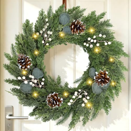 24Inch Christmas Wreaths for Front Door with 8 Function Lights Cedar Wreath by Unknown
