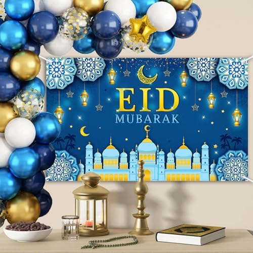 AIBIIN Eid Mubarak Backdrop Banner Blue Gold Themed Party Decorations for Eid Mubarak Ramadan Party Supplies Banner Photo Booth Prop 94.48 x 70.8 Inch - Image 6