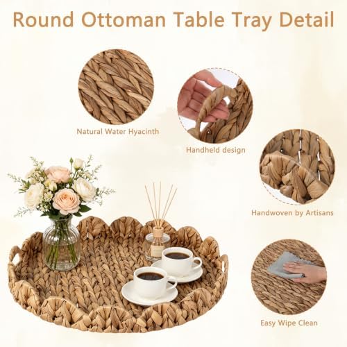 Foxtell Round Rattan Tray, 19.7" Hand Woven Basket, Large Round Ottoman Table Tray with Handles for Home and Kitchen Decorative, Breakfast, Tea, Snack, Fruit, Coffee, Storage - Image 3