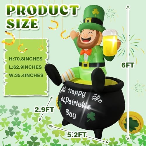 6FT St Patrick's Day Inflatables with LED Lights Outdoor Decoration Leprechaun Holding Beer in Pot Gold Shamrock Blow up Decor for Yard, Lawn, Garden Holiday Party Indoor Outside - Image 3