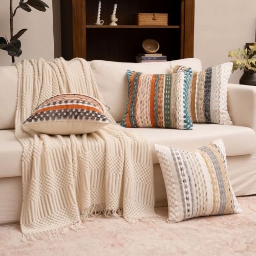 Boho Chenille Tufted Throw Pillow Covers 18x18 Inch Set of 2 Farmhouse Beige Woven Striped Decorative Pillowcases for Couch Sofa Bed - Image 3