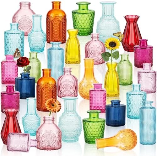 32 PCS Assorted Vintage Bud Vases, Colorful Glass Small Vases Bulk, for Centerpieces, Wedding Table Decor, Home Decorations & Gifts (Colorful rieires) by Unknown