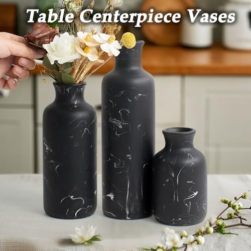 Resin 3 Piece Decorative Vase Set, Black Marble Look Farmhouse Home Decor - Image 4