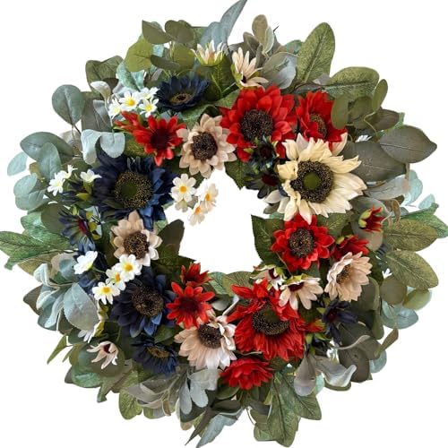 WANNA-CUL 24 Inch Patriotic Sunflower Wreath 4th of July Front Door Wreath by WANNA-CUL