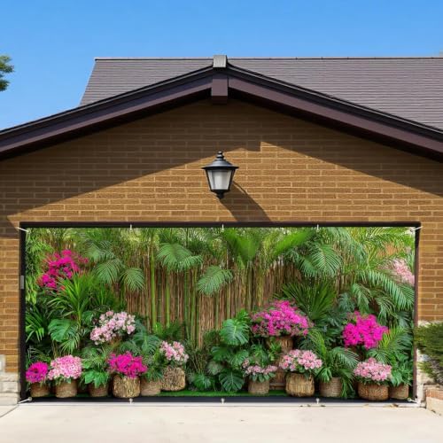 7x16FT Spring Summer Flower Fence Tropical Flowers Garage Door Banner Summer Tropical Leaves Garage Door Cover Decoration - Image 7