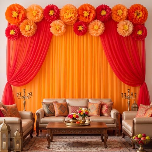 Indian Pooja Backdrop Decoration Set, Diwali Backdrop 4 Orange Red Tulle Drapes and 12 Paper Flowers, Mehndi Home Decorations for Varalakshmi, Haldi, Puja, Festival Decor - Image 3