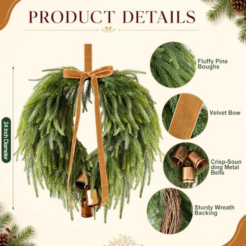 24" Christmas Wreaths Front Door Norfolk Pine Wreath with Bow Bells - Image 2