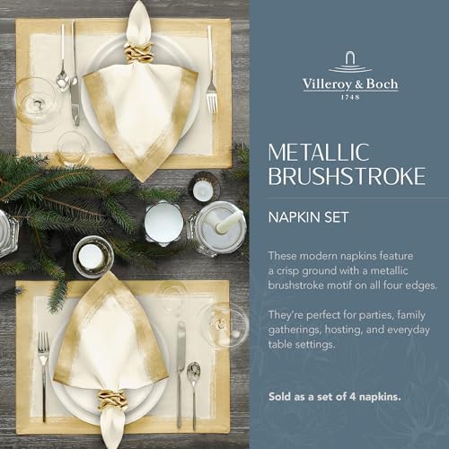 Villeroy & Boch Linen Blend Metallic Brushstroke Napkins, 21 Inches x 21 Inches, Set of 4, Ivory and Gold - Image 2