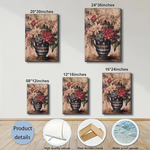 ZERILYN Ship Next Day – Patriotic Stars and Stripes Canvas Print, USA Flag Flower Arrangement Wall Decor, Red White Blue Vintage Home Decoration - Image 6