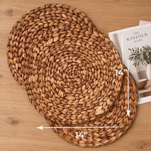 Brown Woven Placemats Round Set of 6, Natural Water Hyacinth Placemats for Dining Table, for Kitchen, Home Decor, Heat Resistant Non-Slip (14") - Image 2