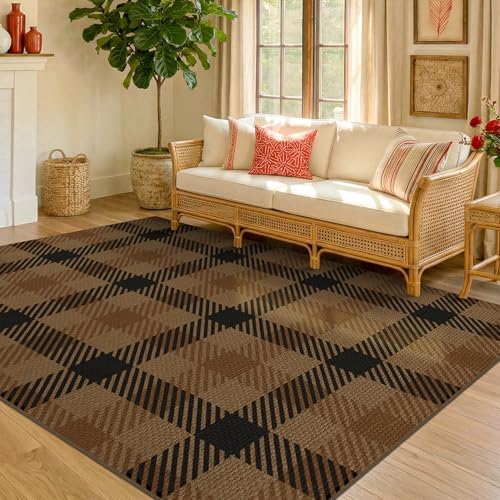 JTJ Easy Jute Outdoor Rug 5x7, Black & Brown Plaid, Washable by JTJ