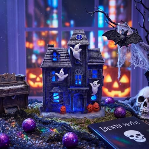 YAKii Halloween Decorations Lighted Haunted House Resin Halloween Village Houses with Ghosts and Pumpkins Battery Operated Glowing Spooky House Decor for Tabletop Mantel Shelf Indoor, 10.2 inch - Image 2