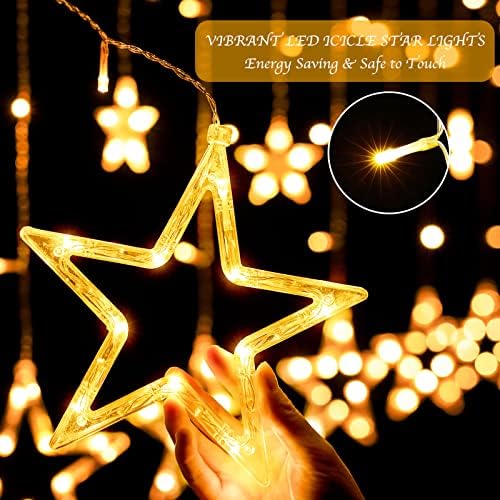 Star Curtain Lights for Bedroom - Plug-in 9ft 138 LED Fairy Twinkle Lights with 12 Star Drops, Connectable Window Lights with Remote 8 Lighting Modes for Indoor Xmas Ramadan Decoration, Warm White - Image 2