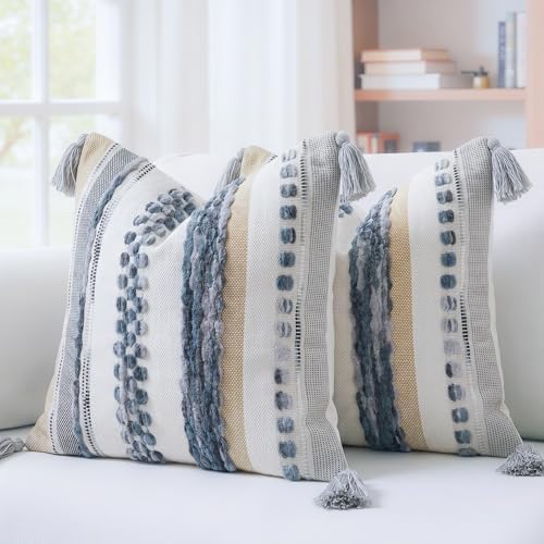 PANOD Chenille Farmhouse Throw Pillow Covers 18 x 18 Grey, Neutral Boucle Couch Pillow Cover, Striped Decorative Boho Coushion Cover Pillow Case for Couch Bed Sofa Bedroom,Modern Accent,Set of 2 - Image 2