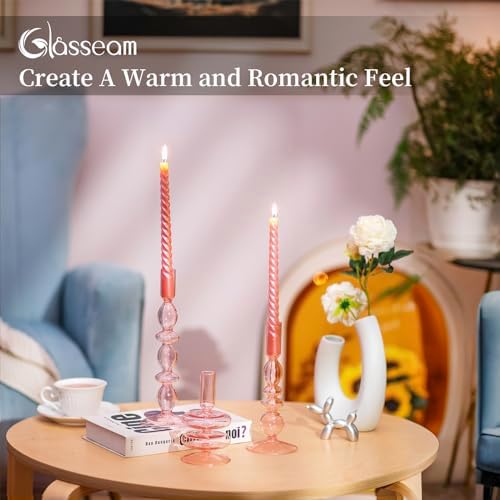 Glasseam Pink Tapered Candlestick Holders 3Pcs Glass Taper for Table Decor - Image 3
