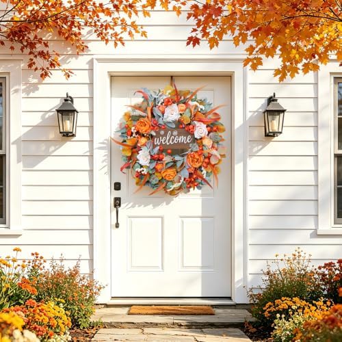 Fall Wreath for Front Door, 24 Inch Autumn Wreath with lamb's Ear Leaves, Roses, Berries & Wooden Sign,Fall Decorations for Home, Artificial Flowers Harvest and Thanksgiving Indoor & Outdoor - Image 5