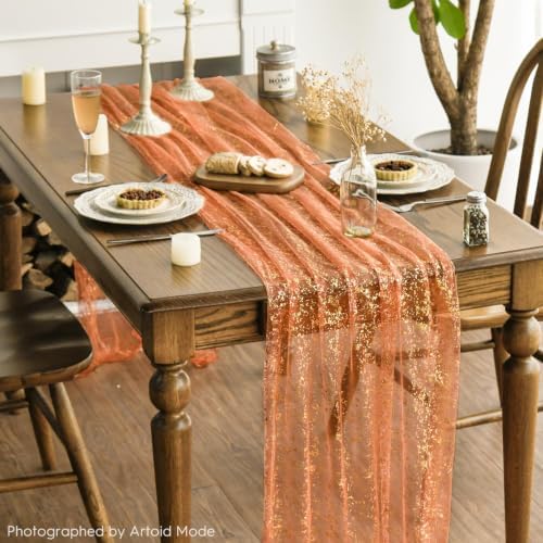 Artoid Mode Orange Gold Gauze Table Runner 120 Inch 10FT, Glitter Metallic Foil Sheer Dining Wedding Anniversary Holiday Table Decor for Home Party - Image 2