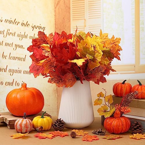 Tigeen 8Pcs Fall Leaves Faux Maple Leaves Stems Thanksgiving Decor, Vibrant - Image 3