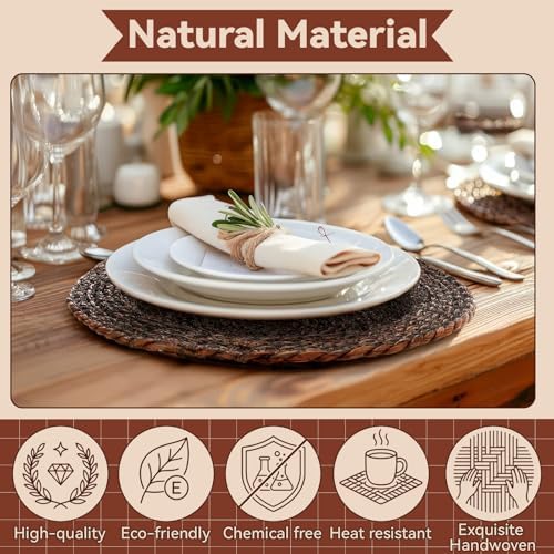 LemonRoad 13 Inch Boho Placemats Set of 6 Large Round Farmhouse Chargers Plate Mats Cattail Weave Woven Table Mats for Dining Plates Rustic Home Kitchen Wedding Party Table Decor, Dark Brown - Image 2