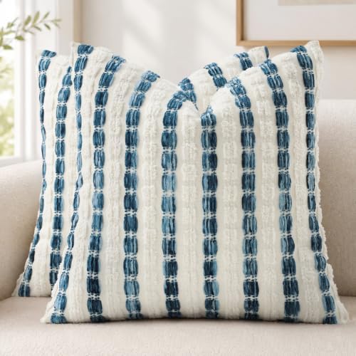 decorUhome Chenille Tufted Stripe Throw Pillow Covers 18x18 Set of 2 Blue by decorUhome