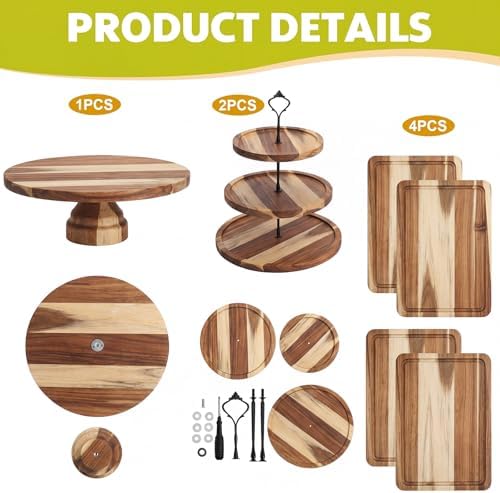 RattanView 7 Pcs Wooden Dessert Display Set 3 Tier Stands Trays, Brown - Image 4