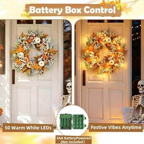 Pre-lit Wreaths for Front Door - 24" Thanksgiving Fall Decor - Image 4