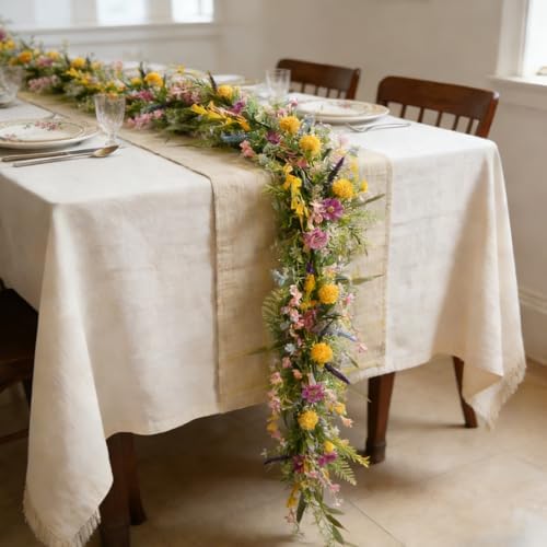 70-Inch Spring Summer Flower Garland for Mantle, Floral Garland with Colorful Wildflowers, Forsythia & Lavender Flowers for Decor, All Year Round Artificial Flower Garlands for Home Decor - Image 6