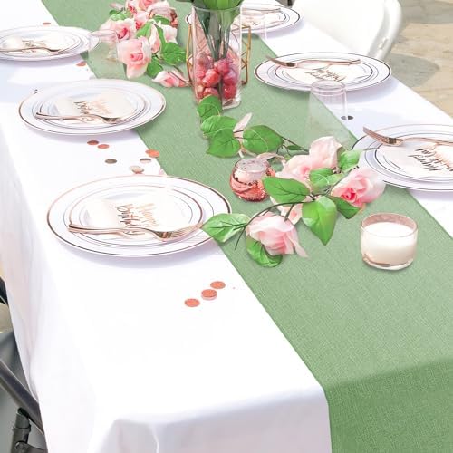 2 Pack Burlap Table Runners 13x84 inch Rustic Farmhouse Light Green Jute Burlap Roll for Spring Wedding Brithday Home Outoor BBQ Party Chair Kitchen Decorations - Image 2