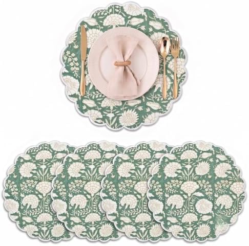 Ridhi Floral Block Print Round Placemats 15" in, Set of 4, Moss Green by Ridhi