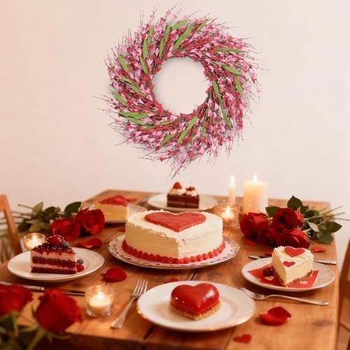 idyllic 22 Inch Spring Pink Forsythia Wreath, Valentine's Day Floral Decor with Red Pink Blooms for Front Door Mantel Table Wall Window Indoor Wedding Anniversary Dinner Decor - Image 5