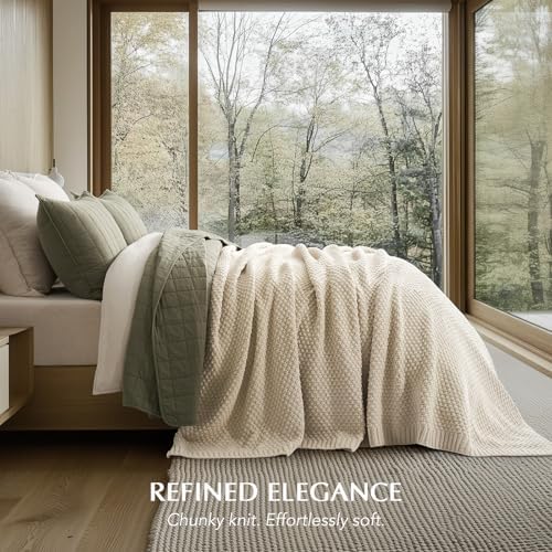 EVERGRACEHOME Chunky Chenille Knit Throw Blanket, 90 x 90, Beige - Image 6
