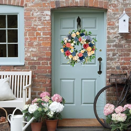 22 inch Spring Wreath Artificial Flower Wreaths Spring Summer Yellow Blue Rose Hydrangea Wreaths Front Door Hallway Window Decoration Wedding Birthday Decoration - Image 5