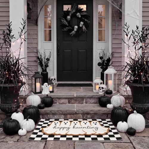 Honoson 2 Pcs Halloween Ghost Doormat,Happy Haunting Black White Checkered - Image 6