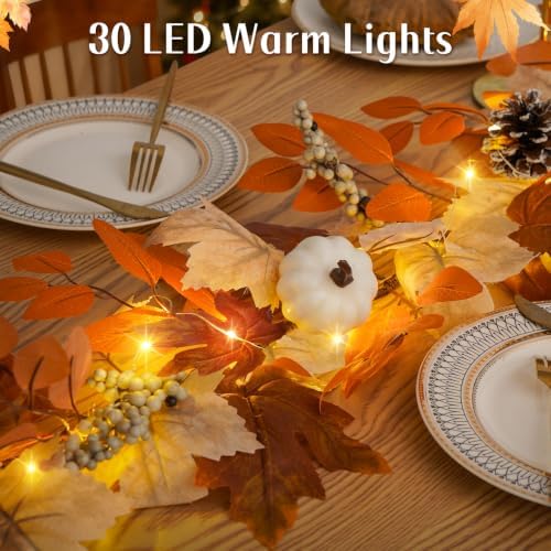 9 Ft Fall Garland with Lights & Timer, Thanksgiving Fireplace Mantel Decor - Image 3