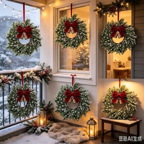 6 Set Christmas Hanging Wreaths Small Snow Flocked Artificial Cedar Wreaths with Red Velvet Ribbon Bronze Bells Mini Faux Greenery Wreath for Front Door Porch Cabinet Window Xmas Holiday Decorations - Image 3