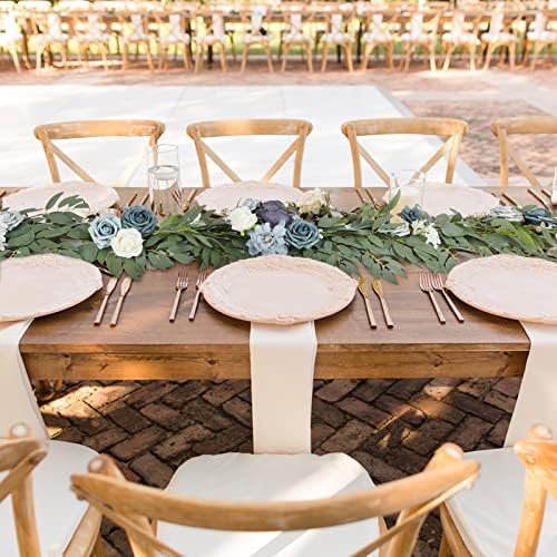 Emivery Artificial Dusty Blue Rose Garland Greenery Eucalyptus Willow Garland with Flowers Sweetheart Table Centerpieces Party Wedding Ceremony Backdrop Arch Floral Arrangement 6FT - Image 3