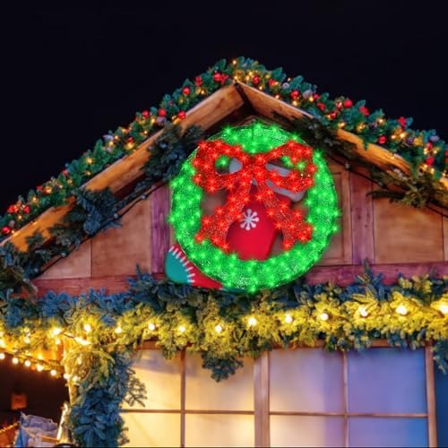36 Inch Pre-lit Outdoor Christmas Wreath with Bow, Red Bow - Green Wreath by MULTI-SPARKING