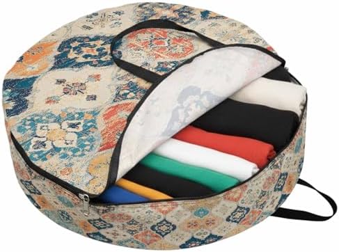 Boho Round Storage Bag 24 Inch, Vintage Orange Blue Abstract Ethnic Flower Texture Clothes Storage Container with Handles Heavy Duty Organizer for Comforter, Bedding & Holiday Wreaths by Unknown