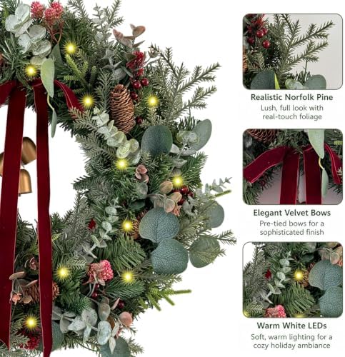 WANNA-CUL 24In Christmas Wreath for Front Door with 3M 30 LED Timer Lights - Image 3
